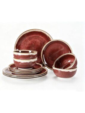 12-Piece Burgundy Red Ceramic Dinnerware Set for 4 | Elegant Tableware